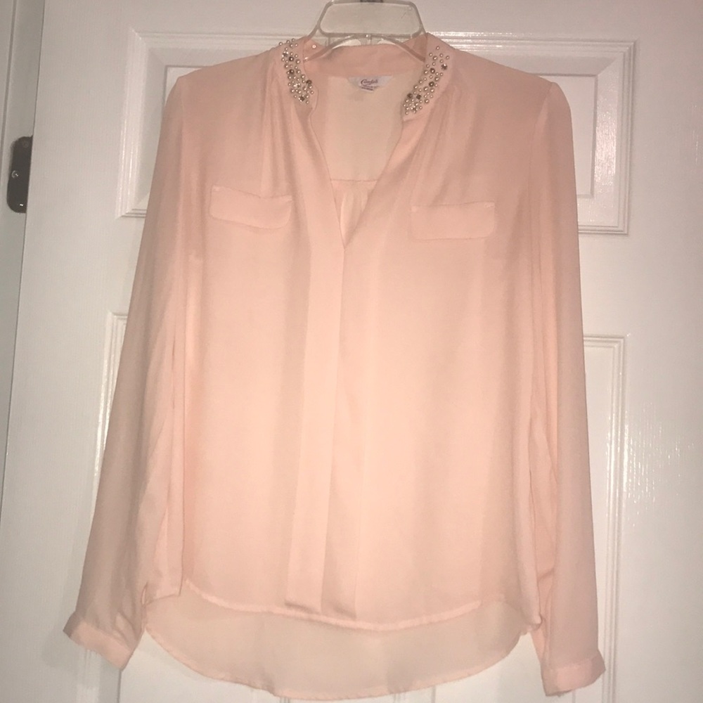 Sheer, salmon pink Candie’s blouse
